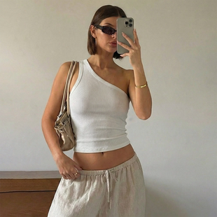 WEIRD PUSS 夏日悠闲百搭chic简约斜肩背心女 修身显瘦辣妹上衣潮