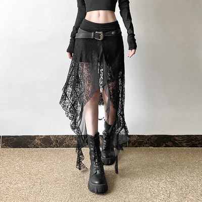 暗黑系网纱拼接不规则下摆半身裙