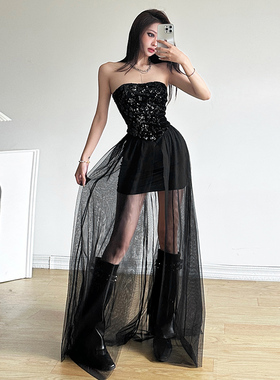 WEIRD PUSS 辣妹风时髦设计感网纱拼接抹胸连衣裙百搭黑色长裙女