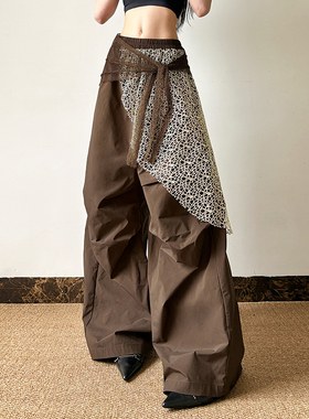 WEIRD PUSS潮流不羁美拉德松紧腰阔腿裤女日常宽松时尚百搭休闲裤