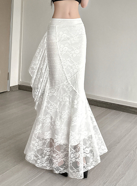 WEIRD PUSS法式月光绝美气质仙蕾丝提花拼接半身裙女时髦修身长裙