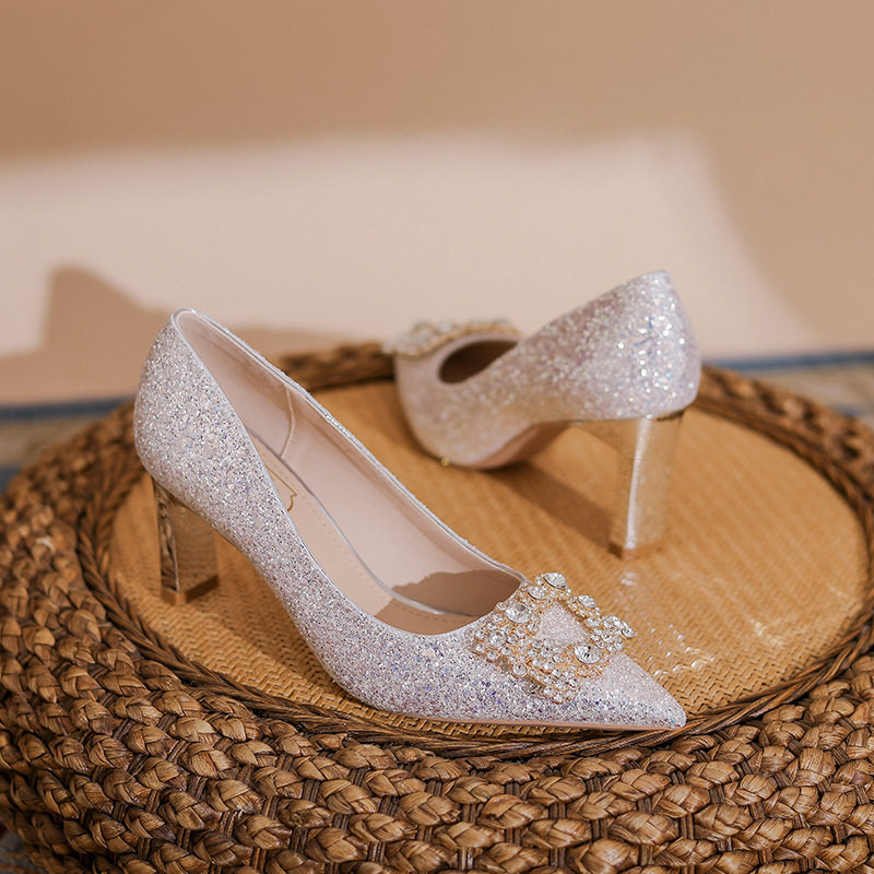银色婚鞋女2026新款水钻方扣婚纱宴会两穿敬酒不累脚高跟鞋,女鞋,婚鞋,淘宝优惠券,粉丝福利购,淘宝优惠卷