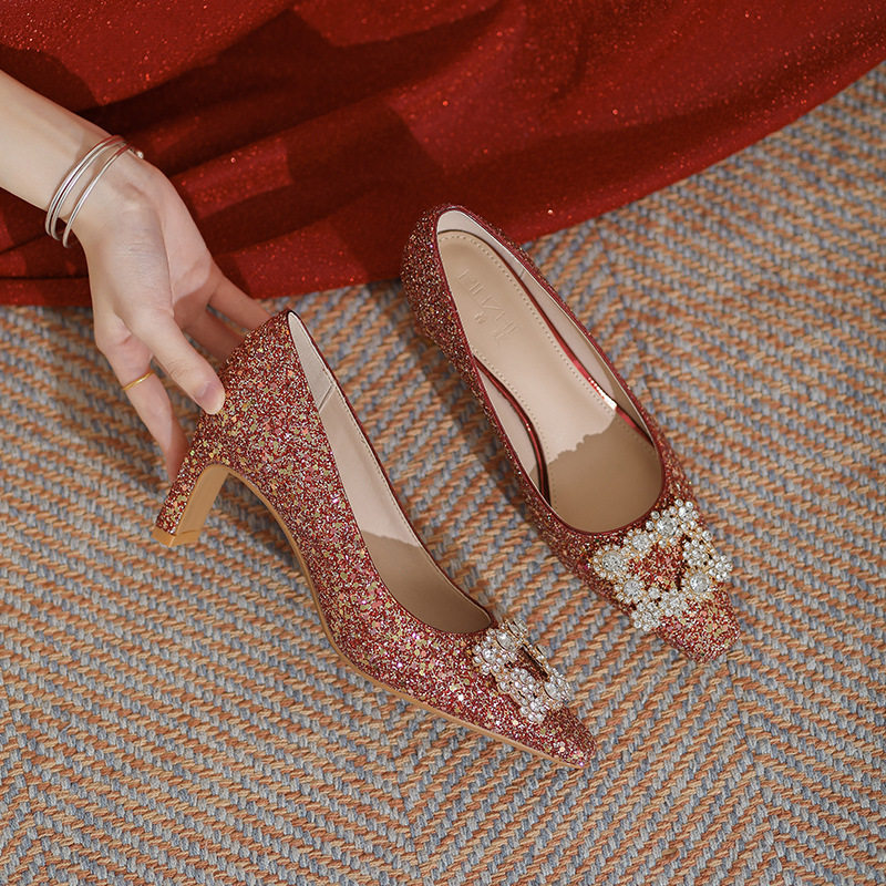 2026新款水钻方扣高跟鞋秀禾婚纱两穿粗跟新娘鞋女中式红色婚鞋女,女鞋,婚鞋,淘宝优惠券,粉丝福利购,淘宝优惠卷