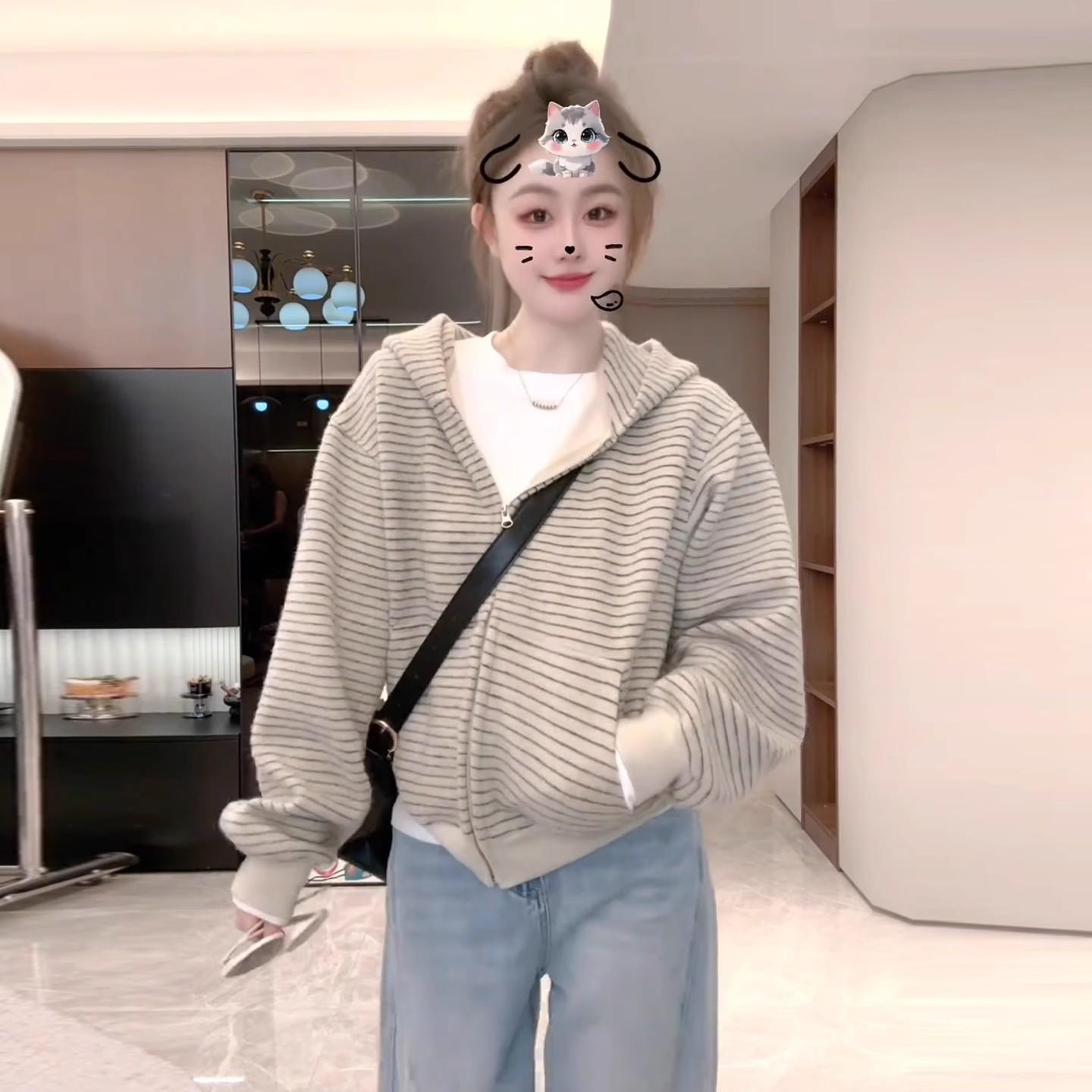 MONLOUVE时尚美式开衫条纹连帽外套女2025秋季新款宽松显瘦百搭休