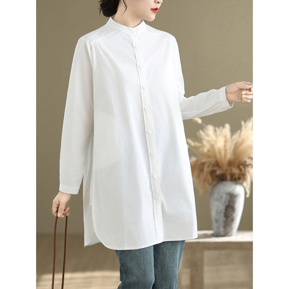 MONLOUVE设计感小众长袖白色衬衫女2025秋宽松休闲立领显瘦中长款