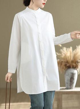 MONLOUVE设计感小众长袖白色衬衫女2025秋宽松休闲立领显瘦中长款
