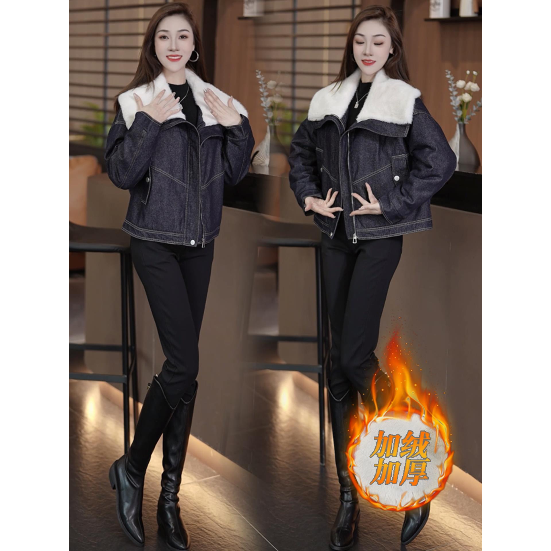 MONLOUVE时尚大毛领牛仔外套女2025秋冬季新款气质短款加厚保暖洋