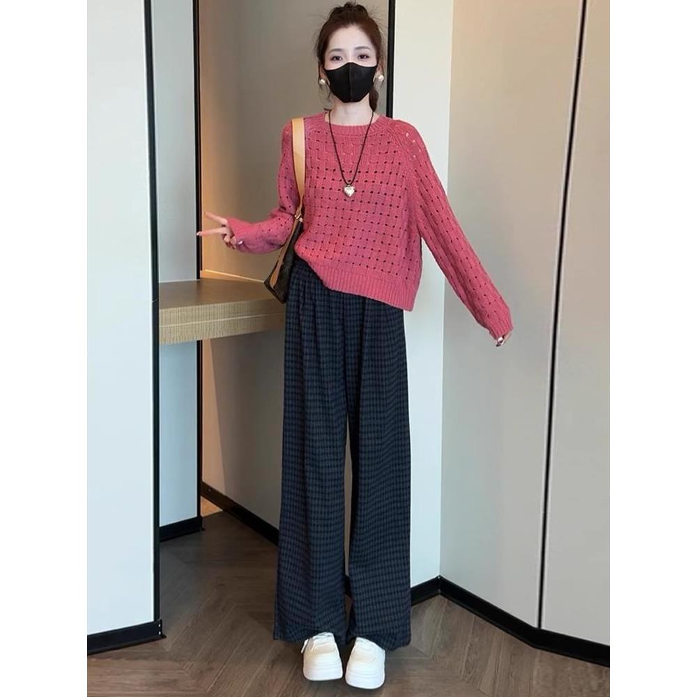 MONLOUVE时尚套装女2025秋冬新款洋气显瘦长袖针织衫格子阔腿裤休