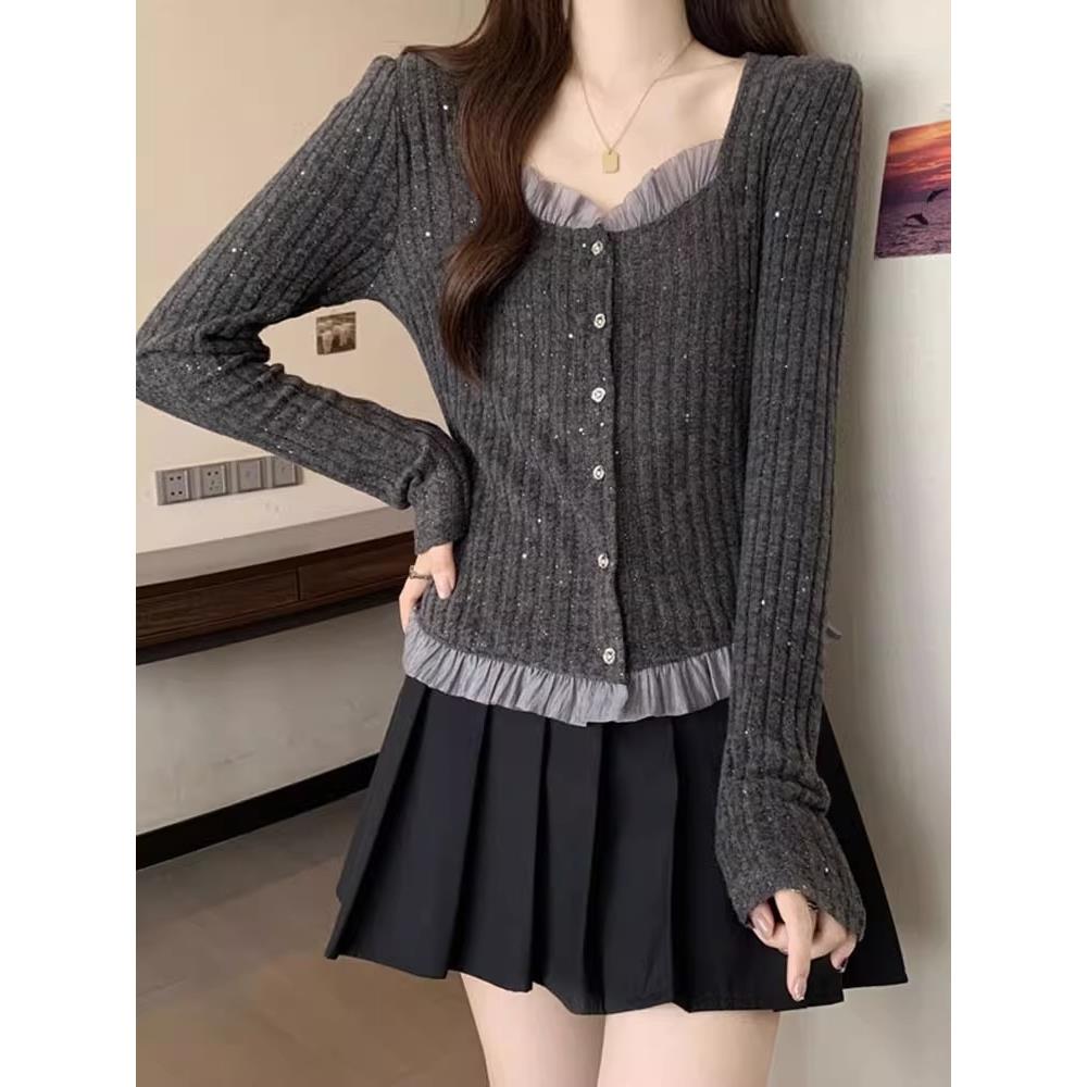 MONLOUVE长袖T恤女2025秋季新款时髦洋气法式木耳边方领亮丝针织