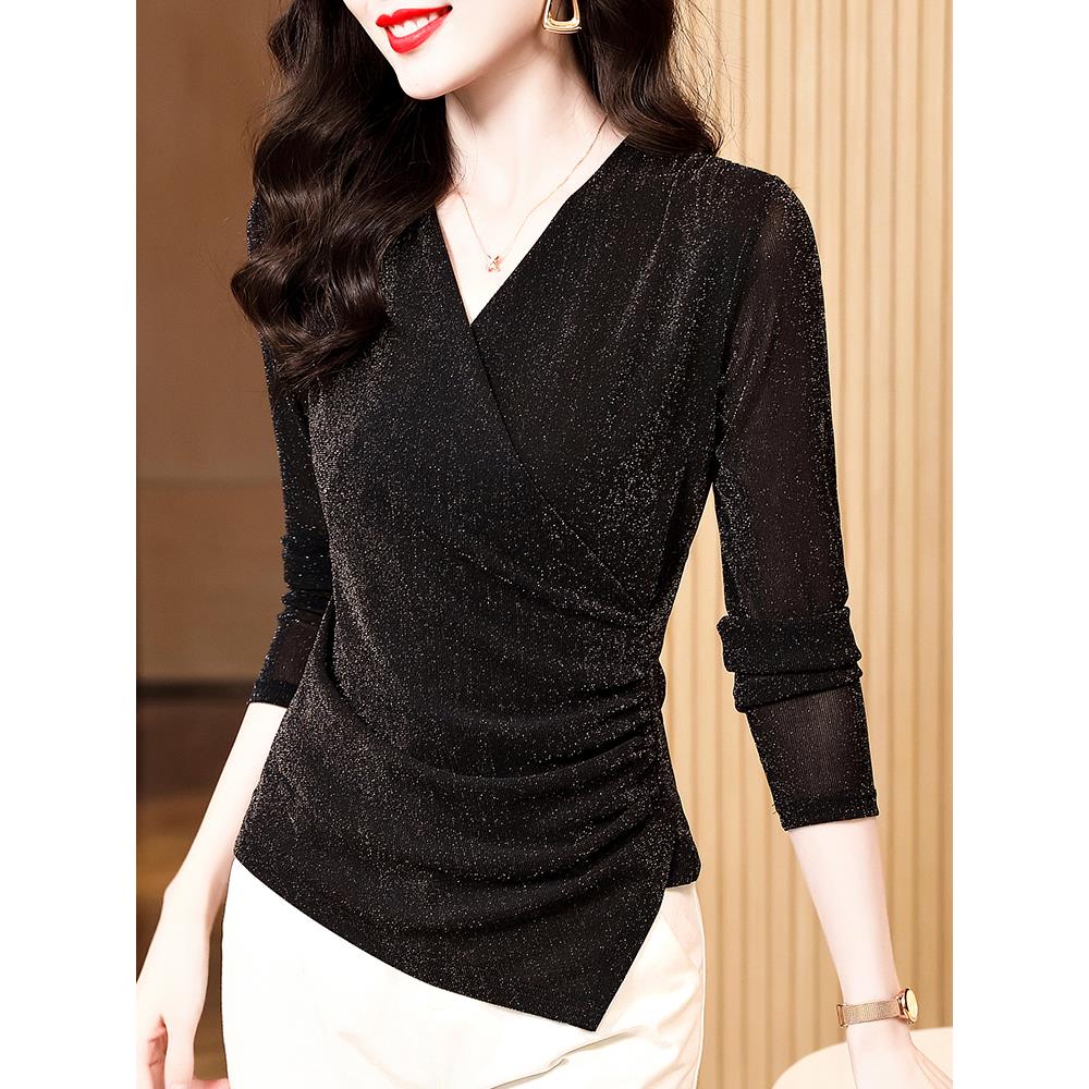 MONLOUVE交叉V领网纱T恤女长袖早秋季新款亮丝小衫洋气内搭蕾丝打