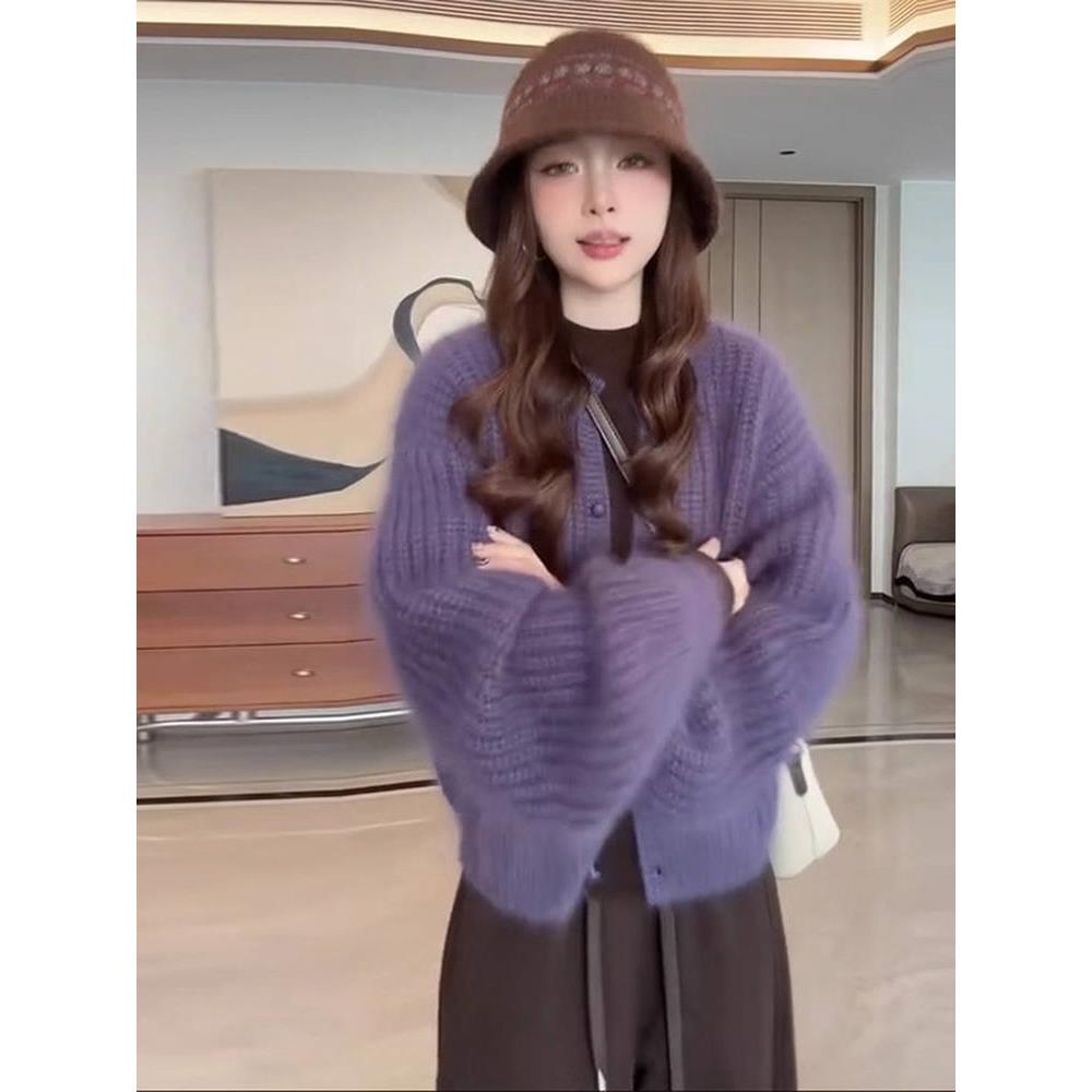 MONLOUVE加厚毛衣短款外套女2025秋冬新款韩版简约百搭软糯针织开