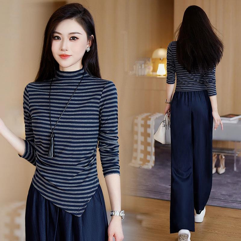 MONLOUVE高领条纹打底衫套装女2025秋季新款时尚气质长袖上衣阔腿