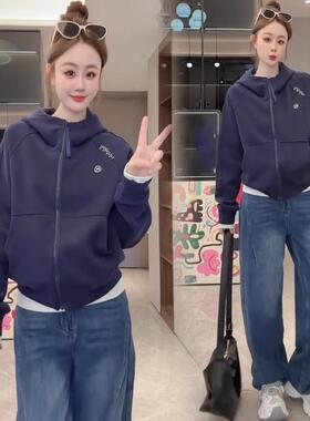 MONLOUVE时尚休闲连帽卫衣女2025秋季新款洋气慵懒风宽松百搭开衫