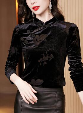 MONLOUVE黑色金丝绒t恤女2025秋季新款中国风改良旗袍上衣内搭蕾