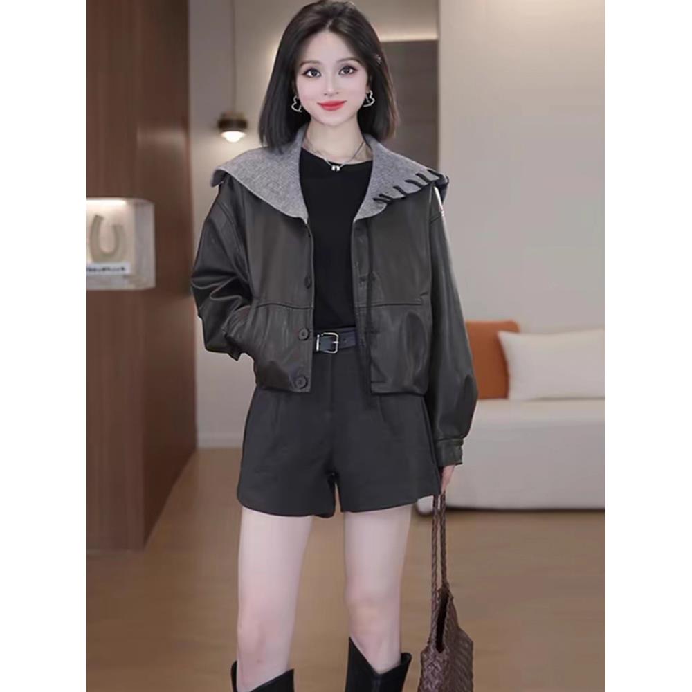 MONLOUVE时尚短款皮衣外套女2025秋季新款洋气宽松显瘦海军领PU皮