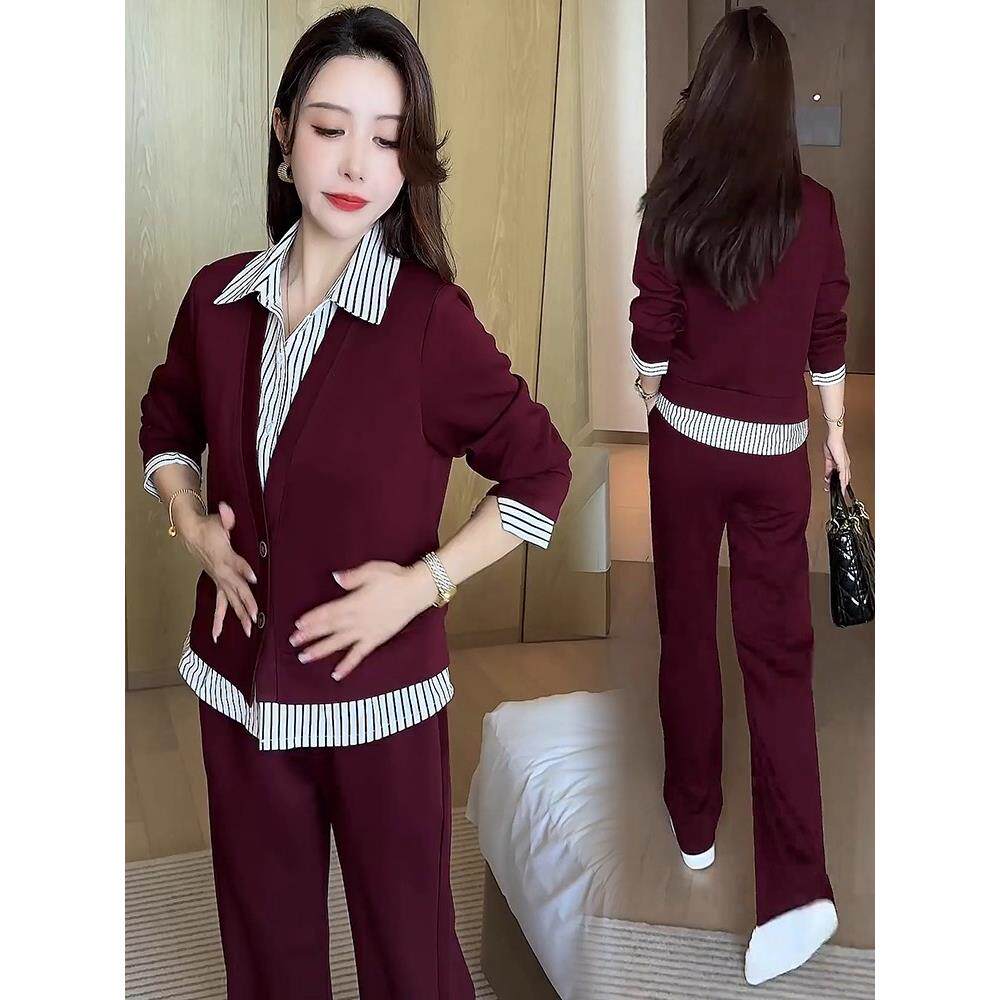 MONLOUVE时尚套装女2025秋季新款洋气显瘦条纹拼接假两件上衣阔腿