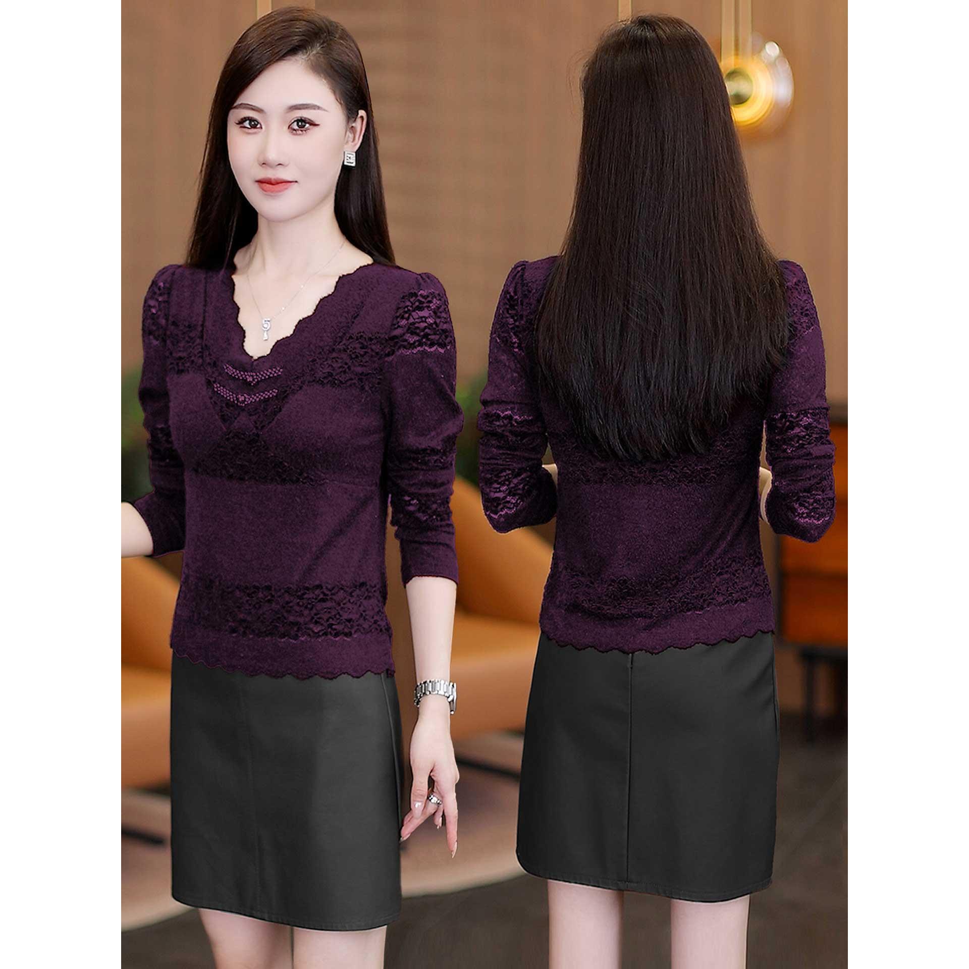 MONLOUVE气质V领蕾丝衫女2025秋季新款时尚百搭修身长袖优雅减龄