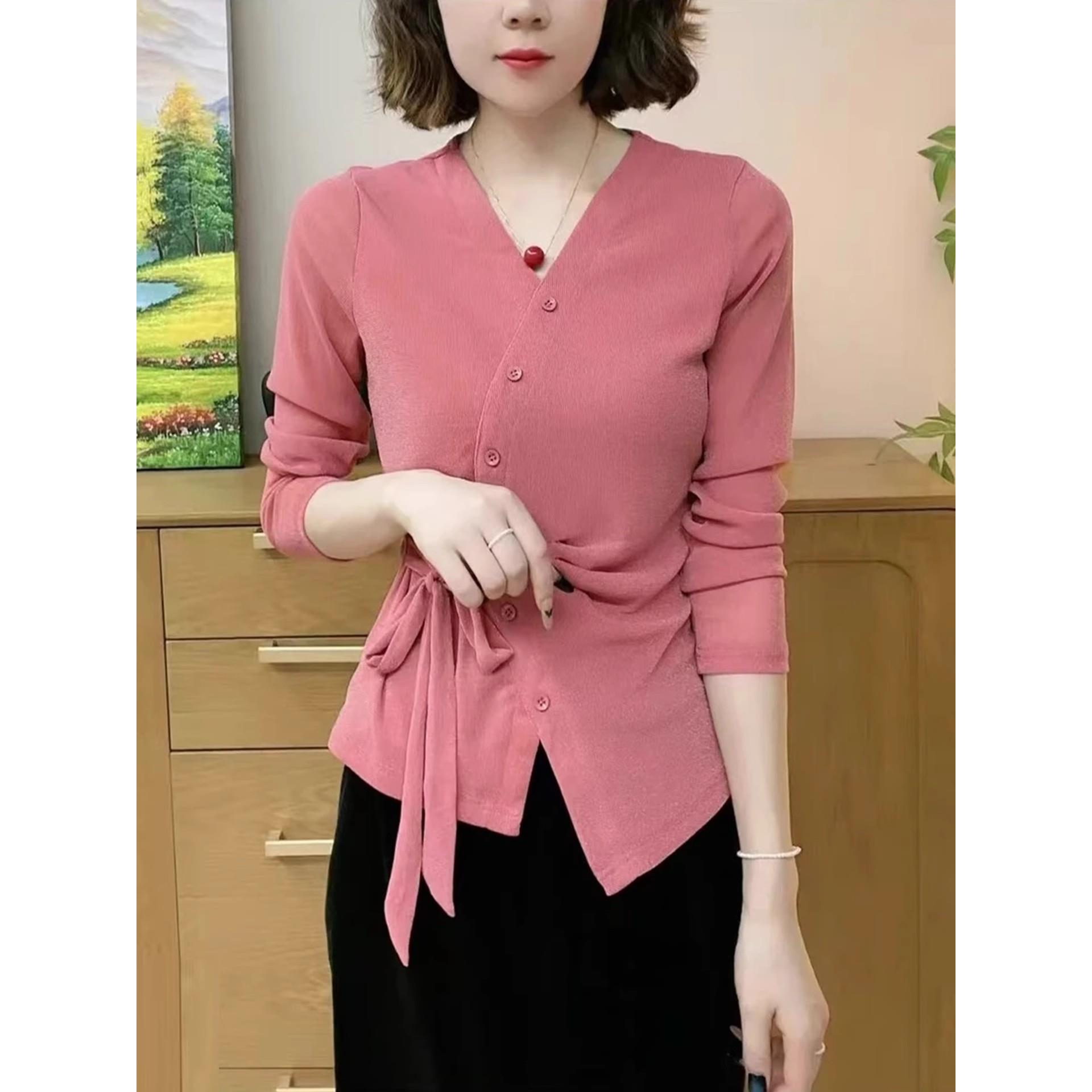 MONLOUVE时尚气质V领长袖T恤女2025秋季新款洋气显瘦网纱不规则打