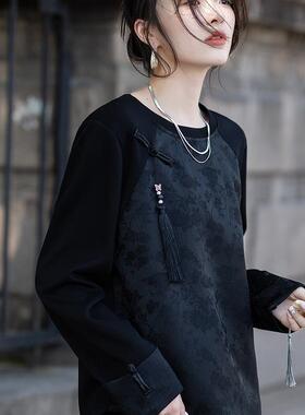 MONLOUVE新中式黑色国风盘扣T恤2025春秋新款爆款高端内搭打底衫