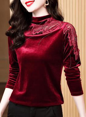 MONLOUVE金丝绒女上衣2025年秋季新款蕾丝打底衫高端内搭小衫长袖