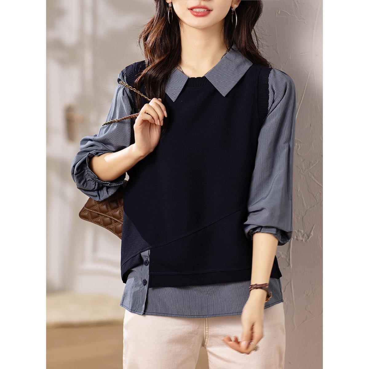 MONLOUVE女士长袖衬衫2025新款春秋衬衣欧货小衫洋气时尚遮肚子假