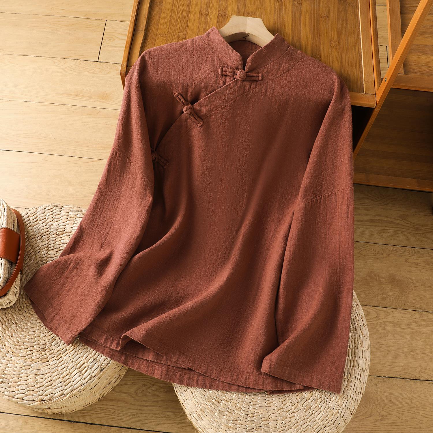 MONLOUVE中式斜襟盘扣长袖衬衫女秋纯色禅意茶服立领衬衣宽松上衣