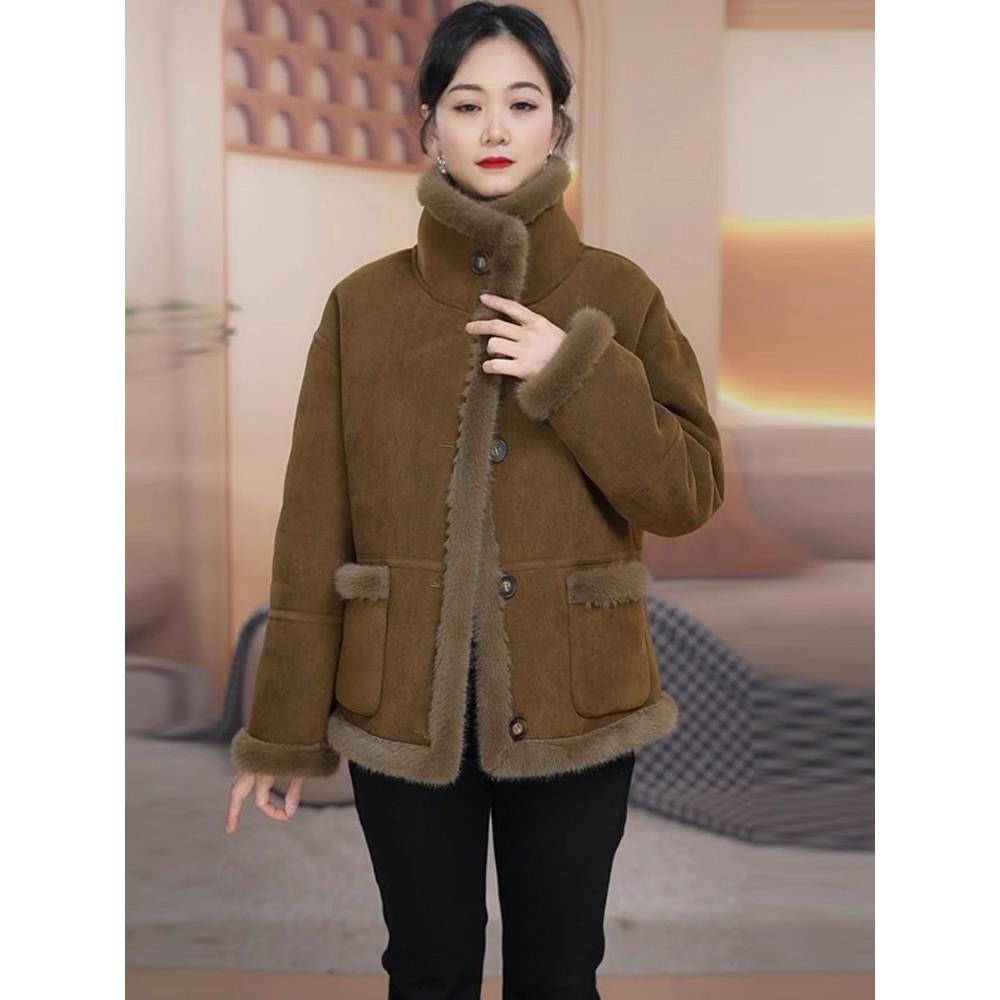 MONLOUVE加厚皮毛一体羊羔毛短外套女2025冬季新款洋气加绒保暖双