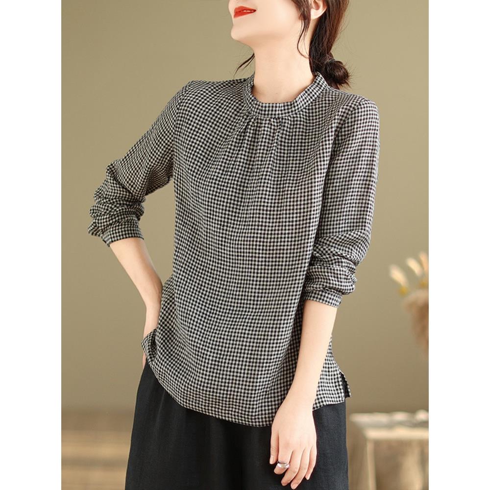 MONLOUVE文艺休闲格子小立领衬衫女春秋宽松套头显瘦小衫长袖上衣
