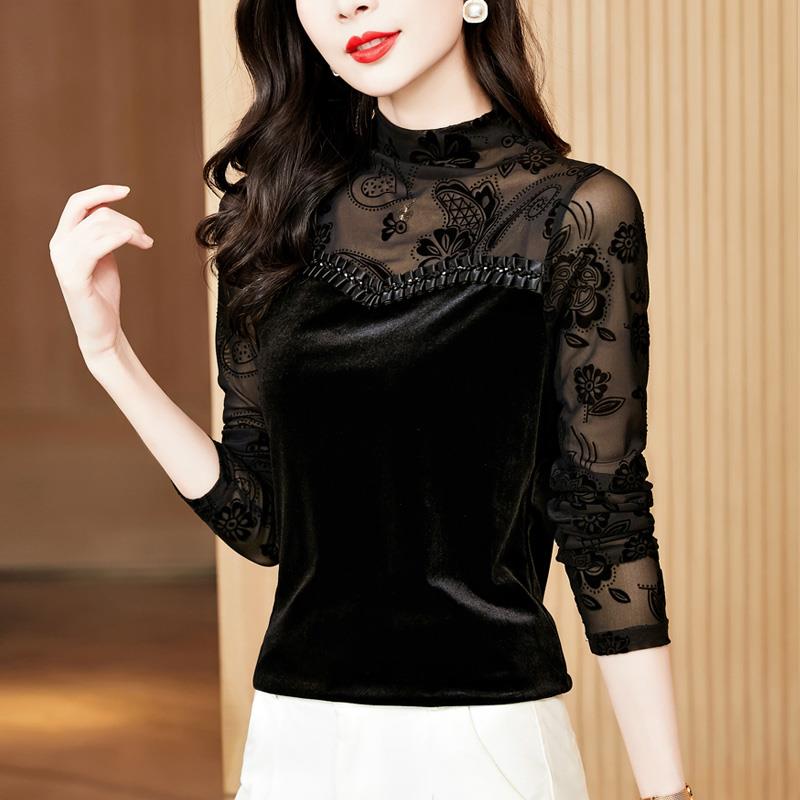 MONLOUVE半高领蕾丝打底衫女内搭秋季2025新款长袖T恤洋气小衫金