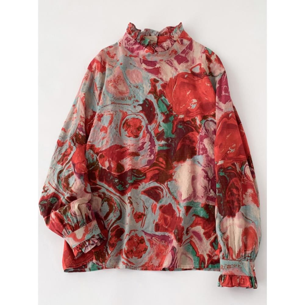 MONLOUVE法式覆古花色长袖衬衫女2025秋高级感宽松花边领小衫上衣