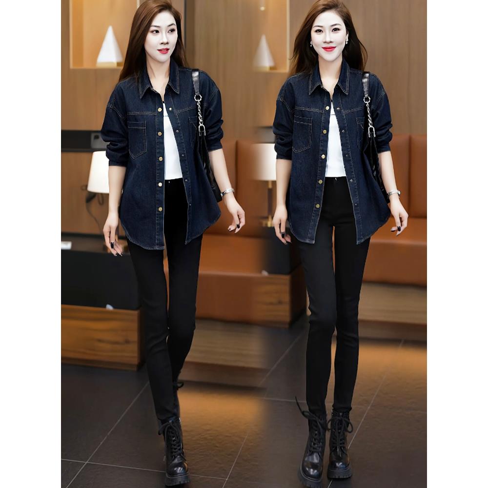 MONLOUVE时尚牛仔衬衫女2025秋季新款洋气韩版百搭宽松休闲长袖翻
