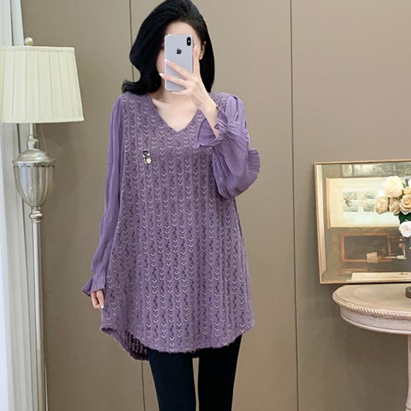 MONLOUVE大码女装2025新款v领长袖T恤女秋胖mm中长款显瘦遮屁股蕾