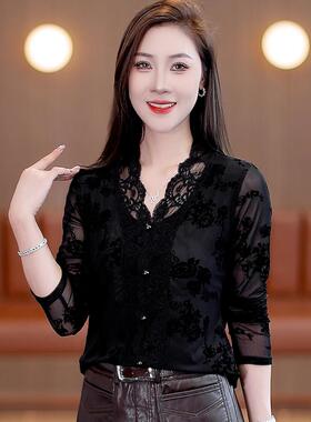 MONLOUVE2025秋季新款黑色蕾丝V领网纱拼接长袖衬衫女显瘦百搭高