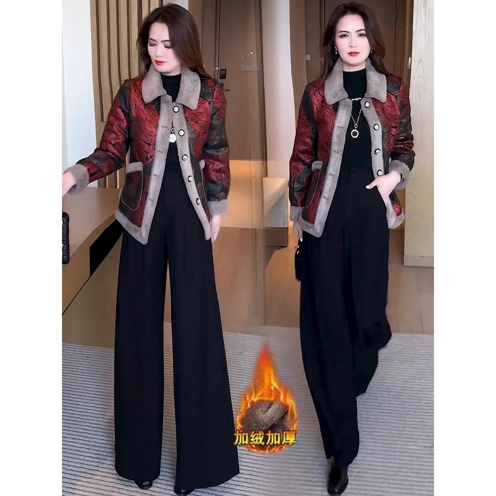 MONLOUVE加绒加厚短外套女2024冬季新款洋气显瘦国风印花保暖呢子