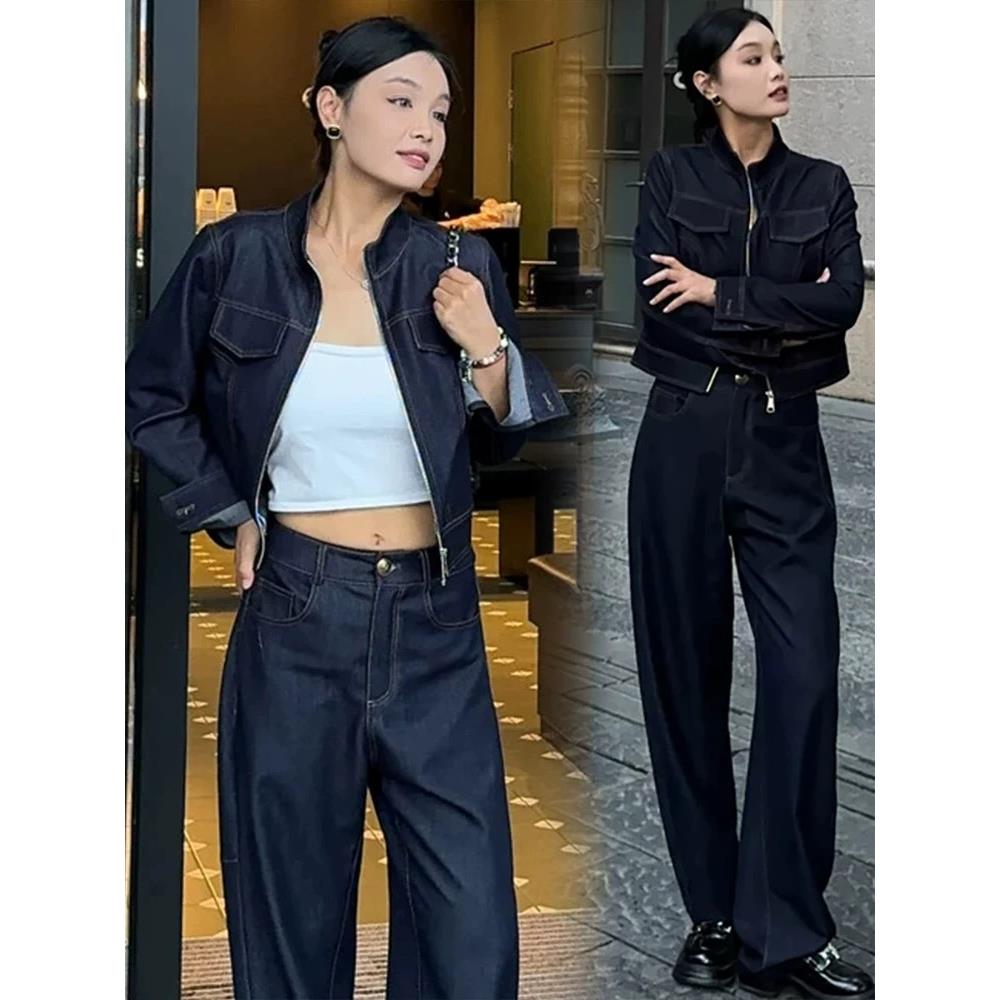 MONLOUVE覆古时尚牛仔套装女2025秋季新款洋气显瘦短款外套阔腿裤