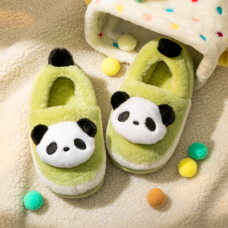 卡通小熊猫儿童冬防滑毛绒棉拖鞋