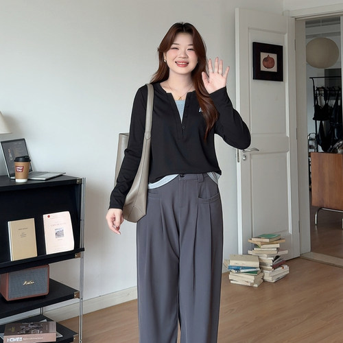 大码初秋假两件正肩长袖t恤上衣