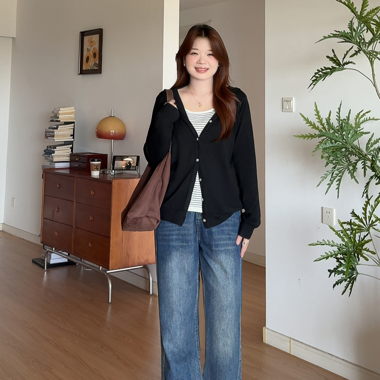 大码女装胖mm假两件条纹拼接上衣
