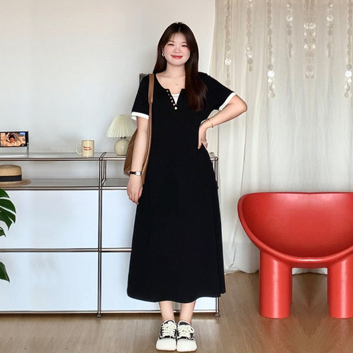 大码女装胖mm显瘦撞色短袖连衣裙