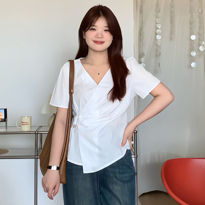 大码显瘦气质通勤短袖衬衫上衣女