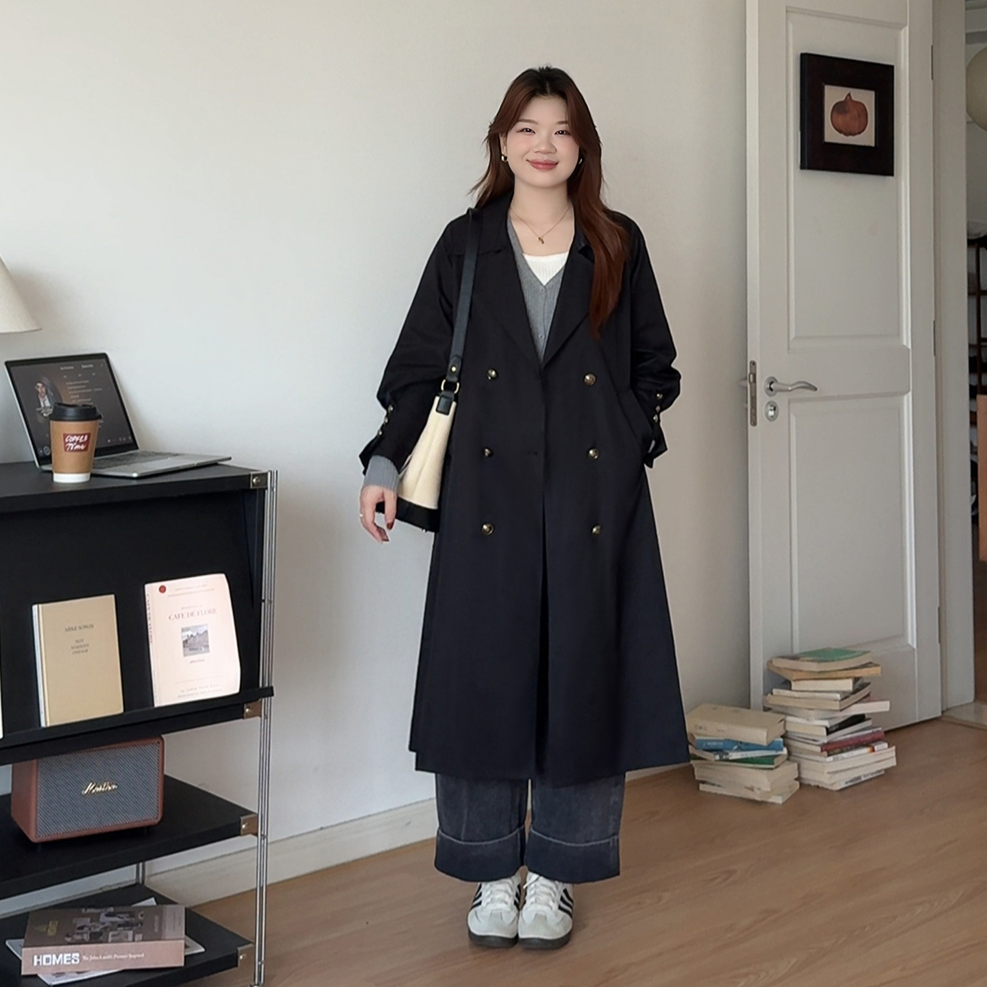 大码女装英伦风休闲中长风衣外套