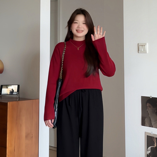 微胖的喵喵大码女装胖mm秋冬季显瘦半高领打底衫红色针织上衣2687