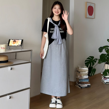 微胖的喵喵大码女装胖mm夏季显瘦遮肚短袖T恤半身裙三件套装2566