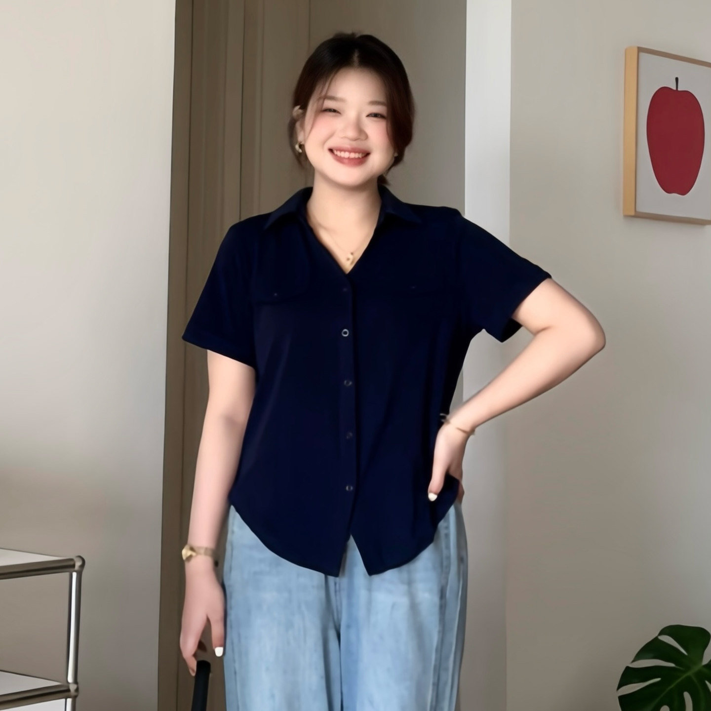 微胖的喵喵大码女装适合胖mm夏季显瘦遮肚上衣polo领短袖衬衫3281