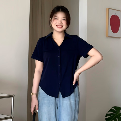 大码显瘦遮肚polo领短袖衬衫上衣