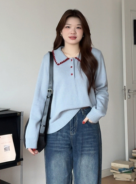 微胖的喵喵大码女装气质减龄毛衣胖mm秋冬翻领百搭显瘦针织衫8719