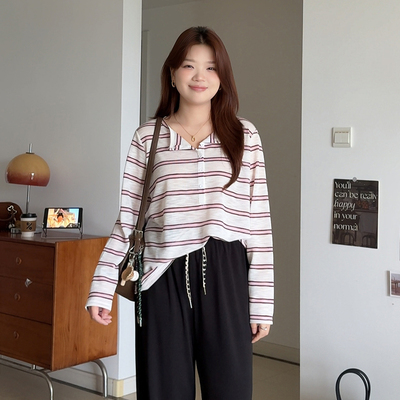 大码女装遮肚子显瘦条纹T恤上衣