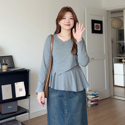 大码胖mm遮肚巨显瘦长袖T恤上衣