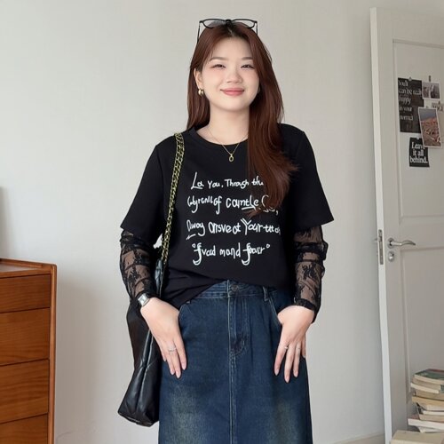 大码女装假两件拼接长袖T恤上衣
