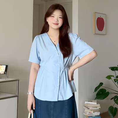 大码收腰显瘦v领短袖衬衫上衣女